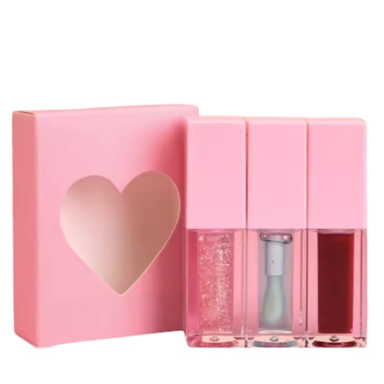 Private Label Lip Gloss Set Square Shape Shape Tube Color-Changing Lip Oil 3 Pieces Lip Plumping Oil Set